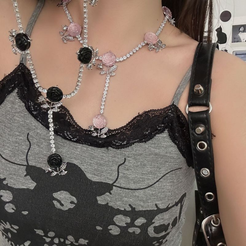 Pink Alloy Diamond Flower Y-shaped Necklace