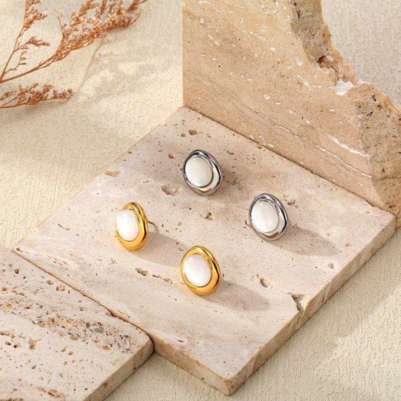 Gold Titanium Steel Oval Earrings