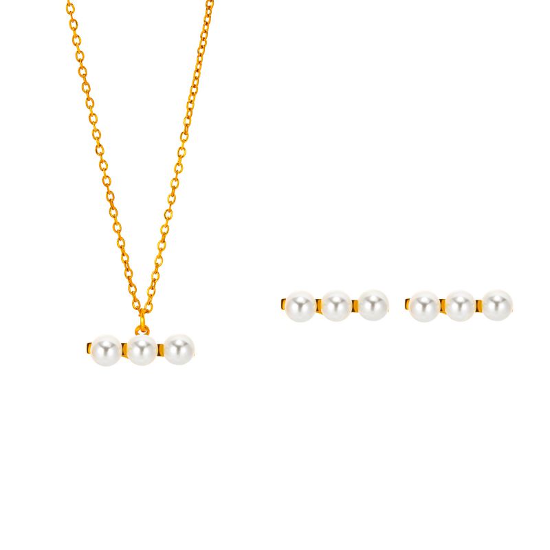Three Piece Set Titanium Steel Pearl Beaded Necklace Earrings Ring Set