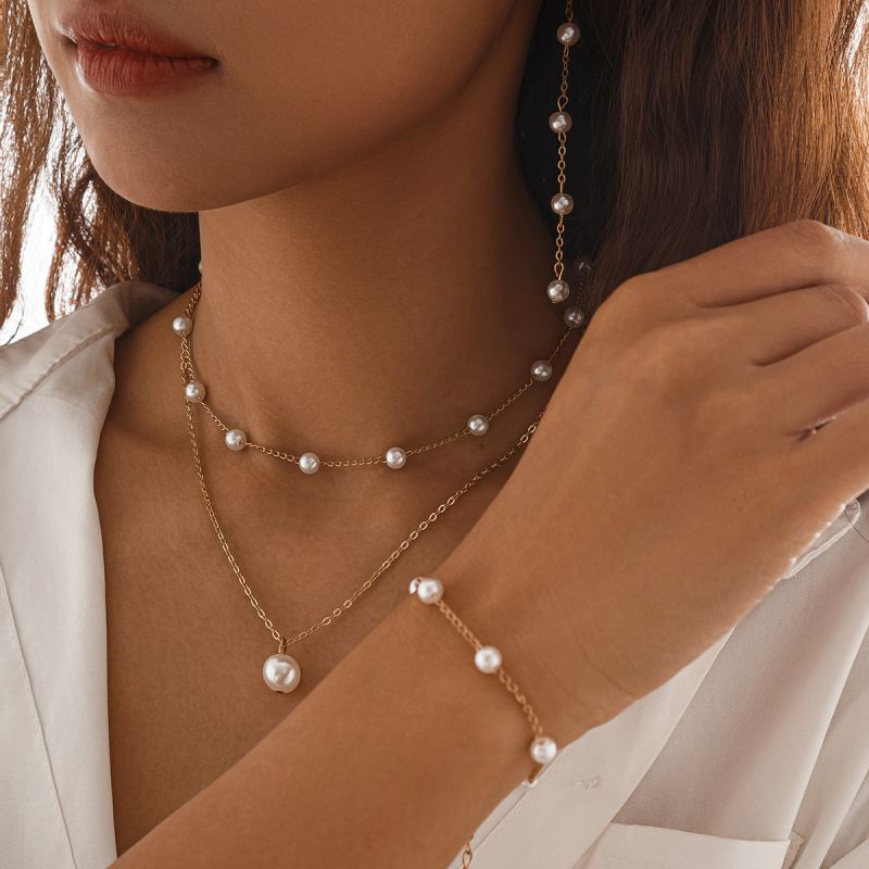 05 Gold Set Pearl Beaded Double Necklace