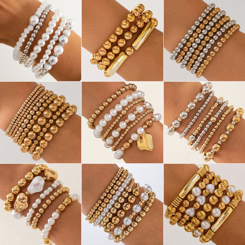 02gold Alloy Pearl Gold Beads Geometric Beaded Bracelet Set