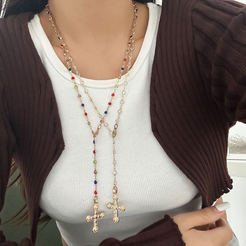 Gold Alloy Diamond Cross Pearl Geometric Y-shaped Necklace