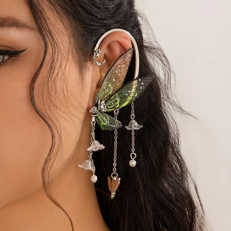 Ancient Silver + Red Single Alloy Elf Butterfly Ear Hook [single]