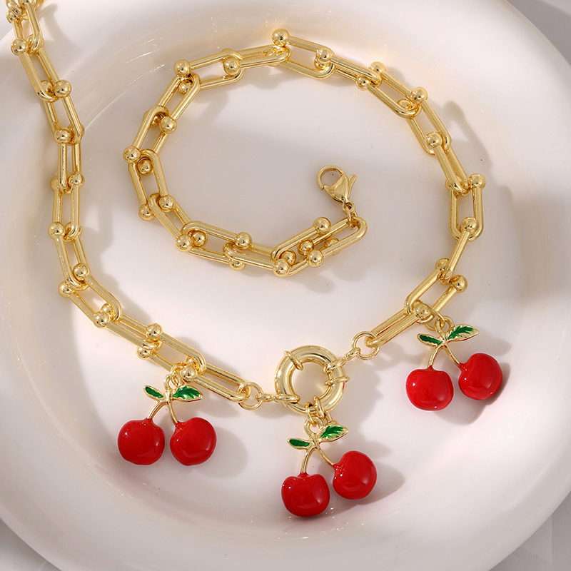 Gold Copper Oil Drop Cherry Ring Necklace