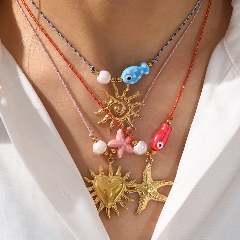 Collar Trenzado De Perlas De Agua Dulce Con Forma De Corazón Estrella De Mar Y Cuentas De Cobre De Acero De Titanio (4 Mm)