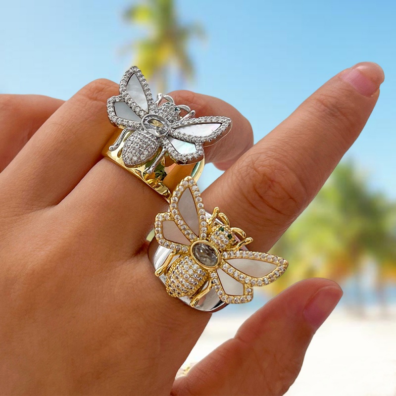 Silver Copper And Zircon Color-blocked Bee Ring