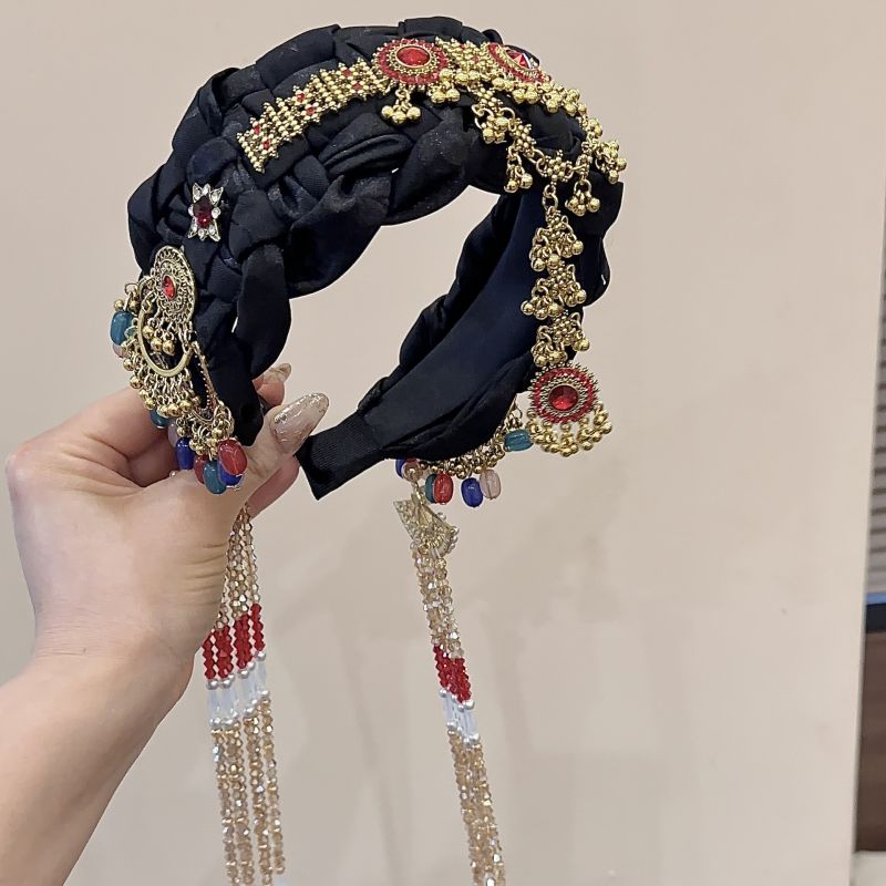 Diadema De Ala Ancha Trenzada Con Borlas De Tela