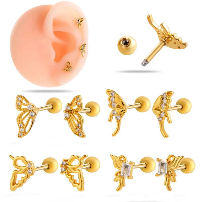 1# Gold (right) Metal Diamond Butterfly Piercing Earrings [single]