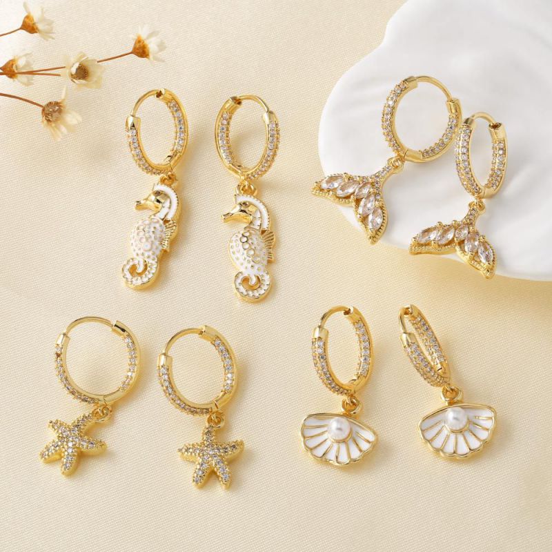 Pendientes De Concha De Estrella De Mar Cola De Pez Y Caballito De Mar Con Diamantes De Cobre
