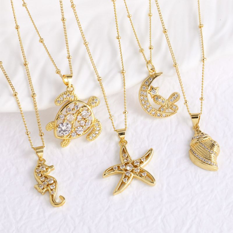 D Copper Diamond Seahorse Turtle Starfish And Conch Necklace