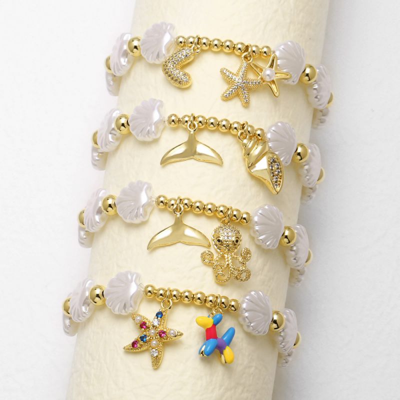 Pulsera De Cobre Bañada En Oro Con Forma De Globo Perro Estrella De Mar Pulpo Cola De Pez Y Concha.
