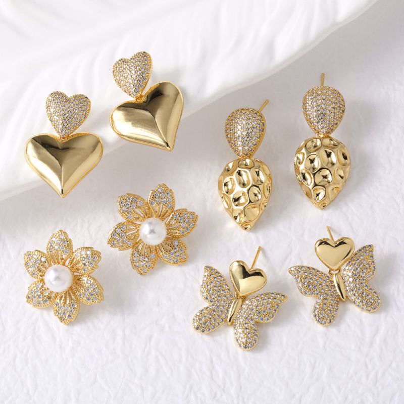 Pendientes De Mariposa Con Forma De Lágrima Y Corazón De Diamantes Bañados En Oro Y Cobre