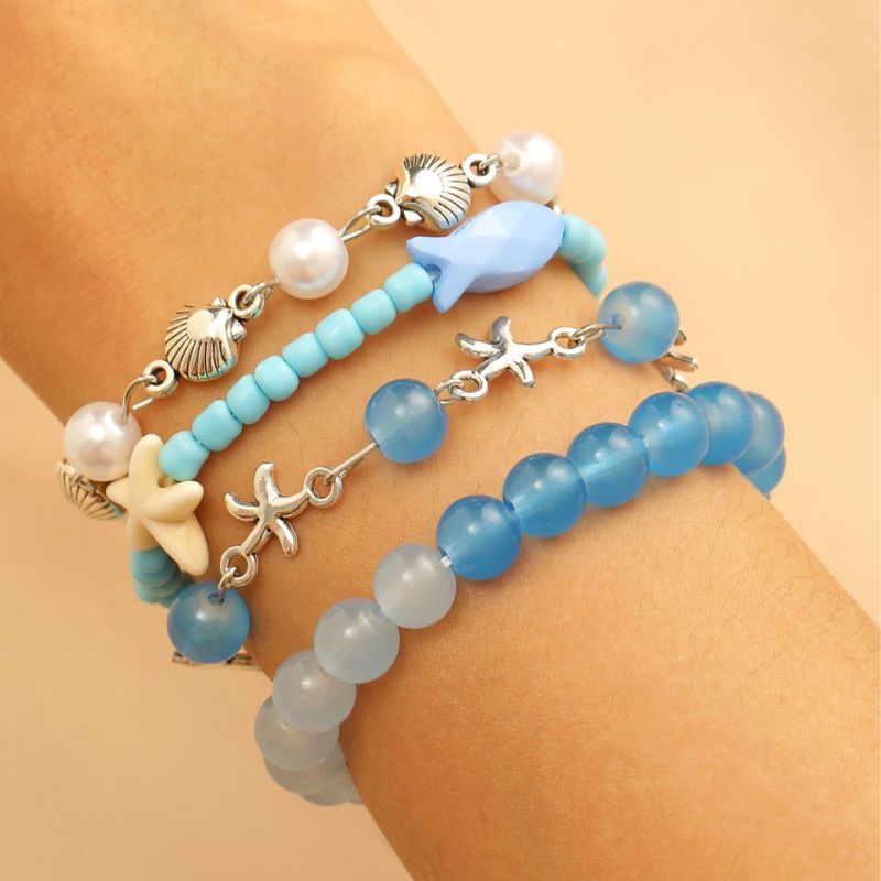 Conjunto De Pulsera De Cuentas De Arroz Con Conchas Y Estrellas De Mar De Metal Con Formas Geométricas