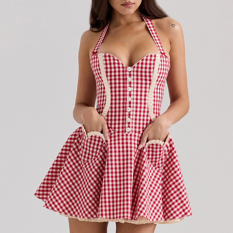 Falda Halter De Cuadros De Algodón
