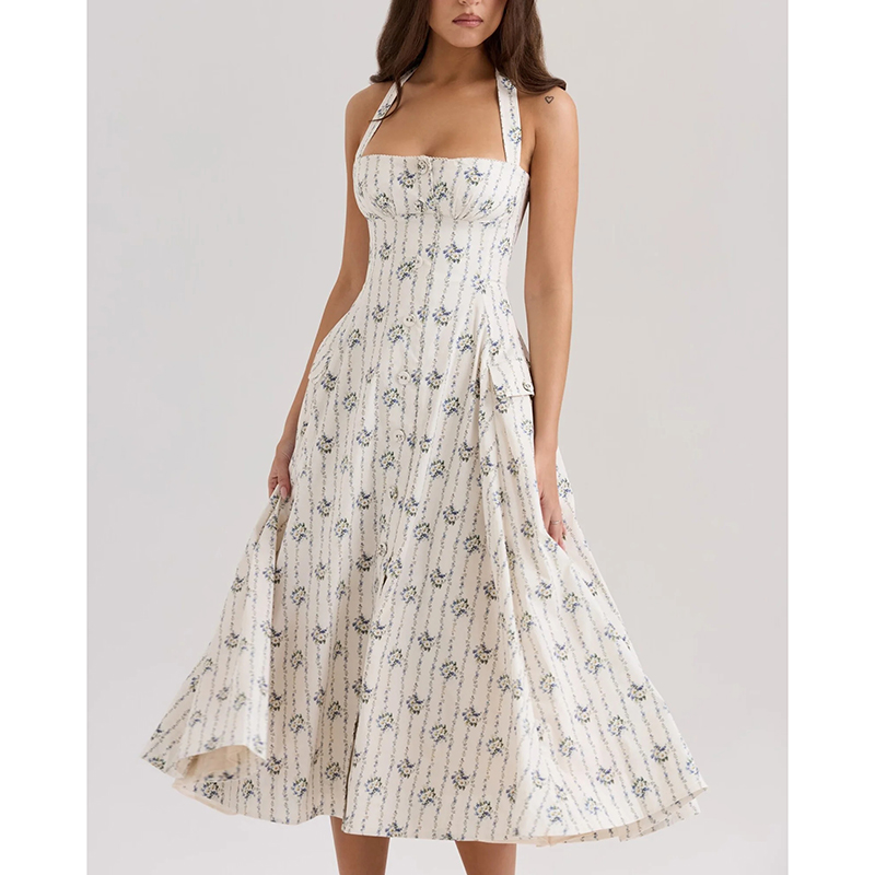 Vestido Largo Estampado Con Cuello Halter