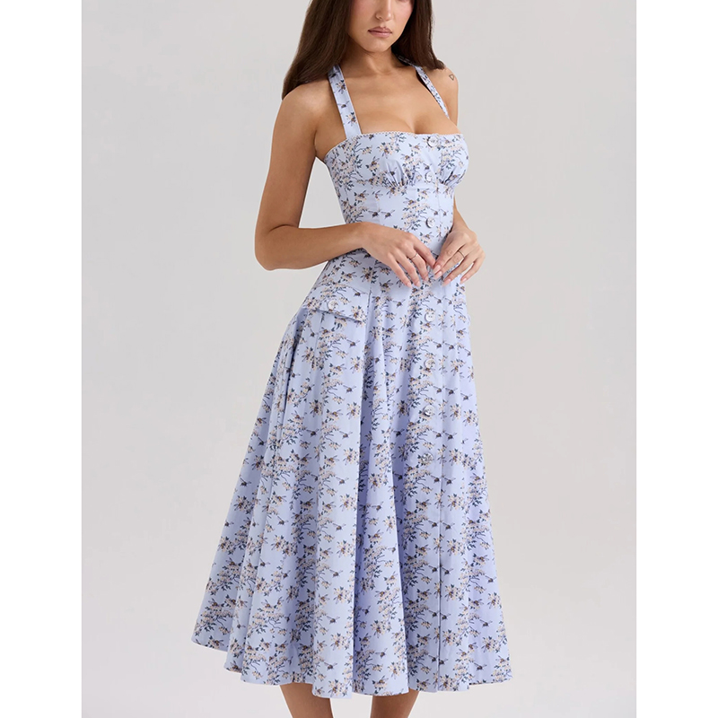 Vestido Largo Estampado Con Cuello Halter