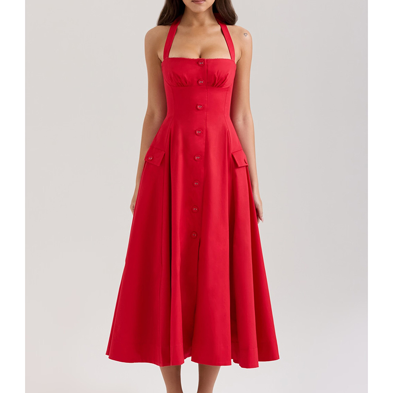 Vestido Largo Con Botones Y Cuello Halter
