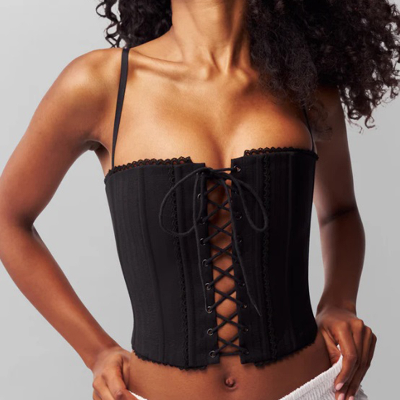 Black Polyester Lace-up Camisole