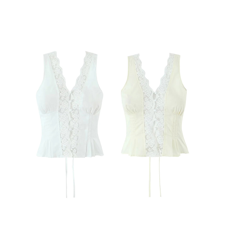Beige Lace V-neck Sleeveless Vest