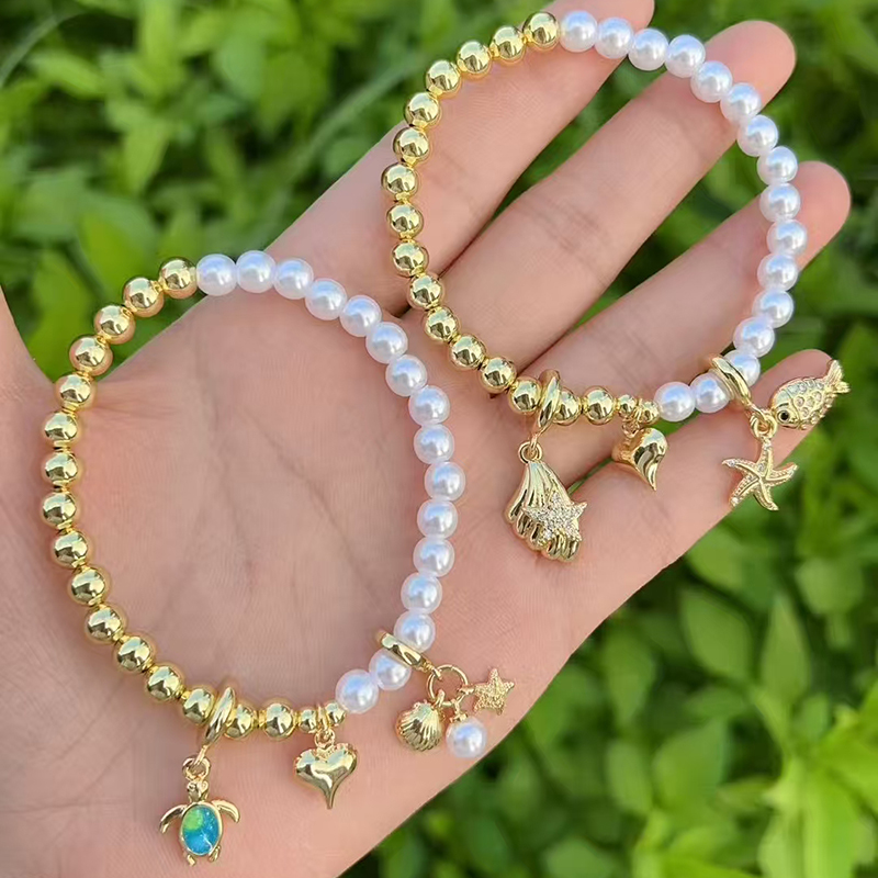 Pulsera Colgante Multielemento Con Cuentas De Perla Bañadas En Oro Y Cobre