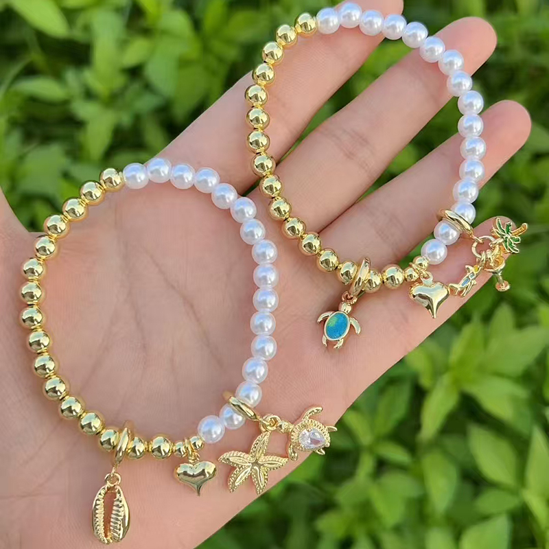 Pulsera Colgante Multielemento Con Cuentas De Perla Bañadas En Oro Y Cobre