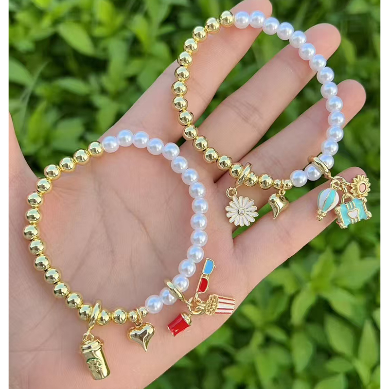 Pulsera Colgante Multielemento Con Cuentas De Perla Bañadas En Oro Y Cobre