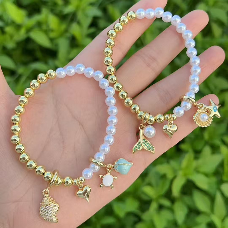 Pulsera Colgante Multielemento Con Cuentas De Perla Bañadas En Oro Y Cobre