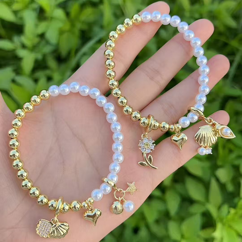 Pulsera Colgante Multielemento Con Cuentas De Perla Bañadas En Oro Y Cobre