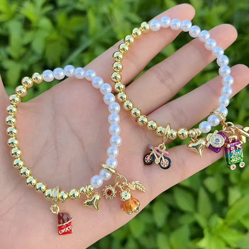 Pulsera Colgante Multielemento Con Cuentas De Perla Bañadas En Oro Y Cobre