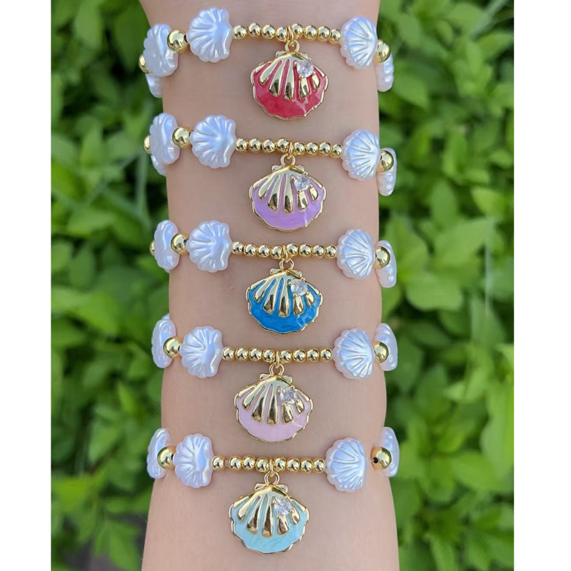 Conjunto De Pulsera De Conchas Con Cuentas De Cobre Bañadas En Oro