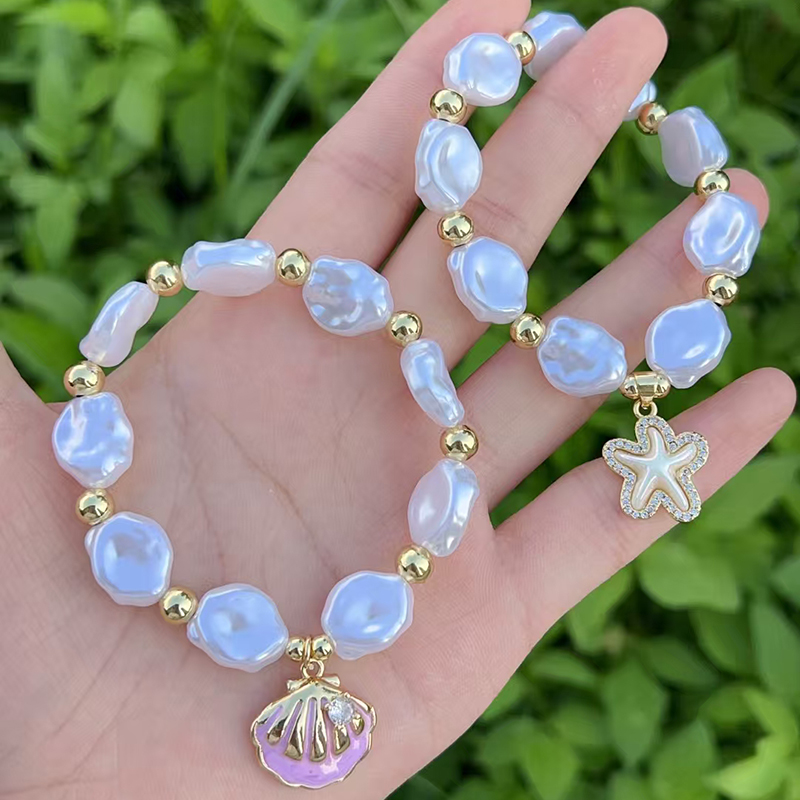 Pulsera De Concha De Estrella De Mar Con Cuentas Bañadas En Oro Y Cobre