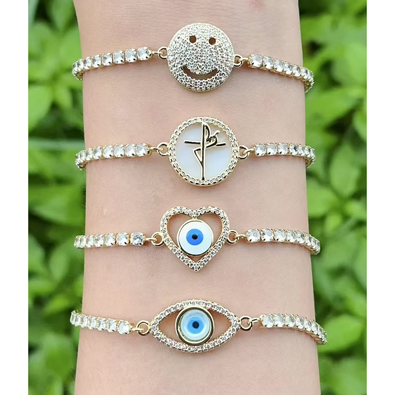 Pulsera De Cobre Con Diamantes Cara Sonriente Corazón Y Ojos Geométricos
