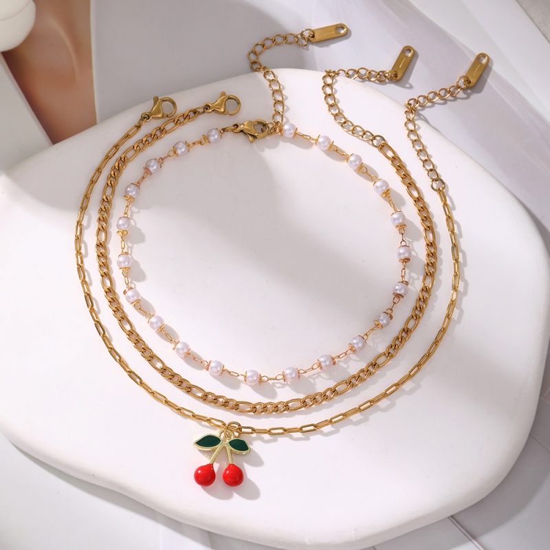 Gold 4 Oil Drop Cherry Titanium Steel Pearl Ring Anklet 3-piece Set