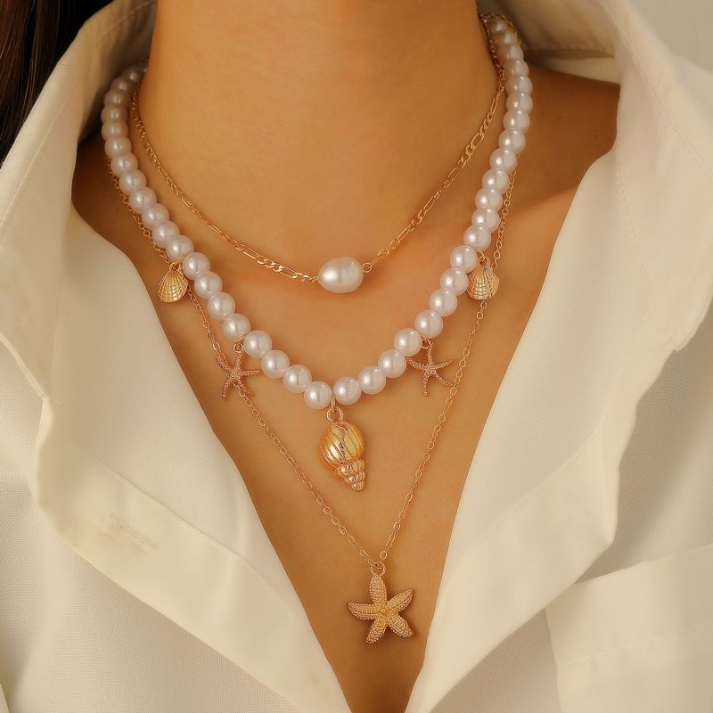 Collar Multicapa De Concha De Estrella De Mar Con Cuentas De Perla