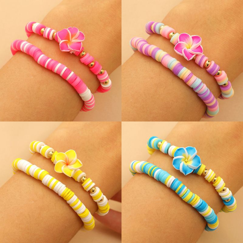 04 Pink Polymer Clay Beaded Flower Bracelet Set