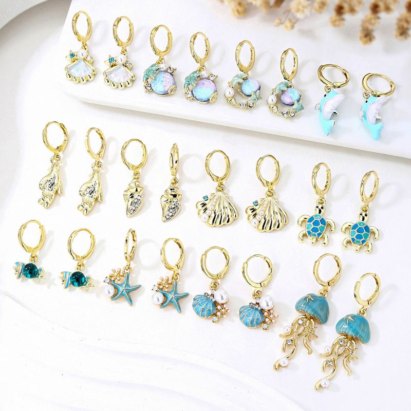 Pendientes Geométricos De Aleación Con Forma De Gota De Aceite Concha Estrella De Mar Delfín Pingüino Tortuga