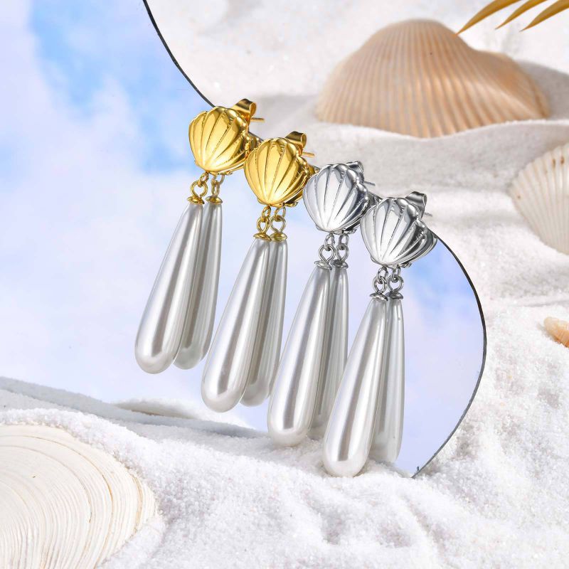 Pendientes De Concha Y Perla De Acero Inoxidable