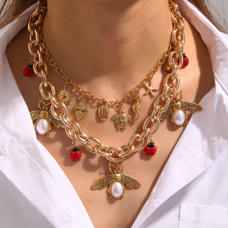 Collar De Cadena Gruesa Con Forma De Mariquita Abeja Y Perla Que Gotea Aceite