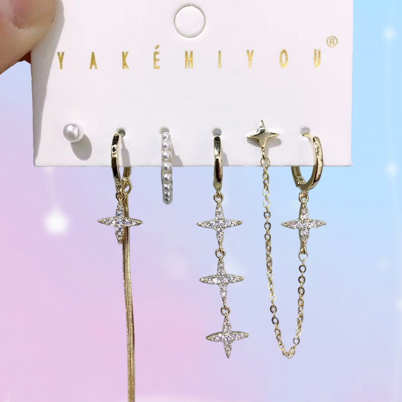 Juego De 6 Pendientes De Cadena Con Forma De Estrella Perla Y Circonita Con Incrustaciones De Cobre