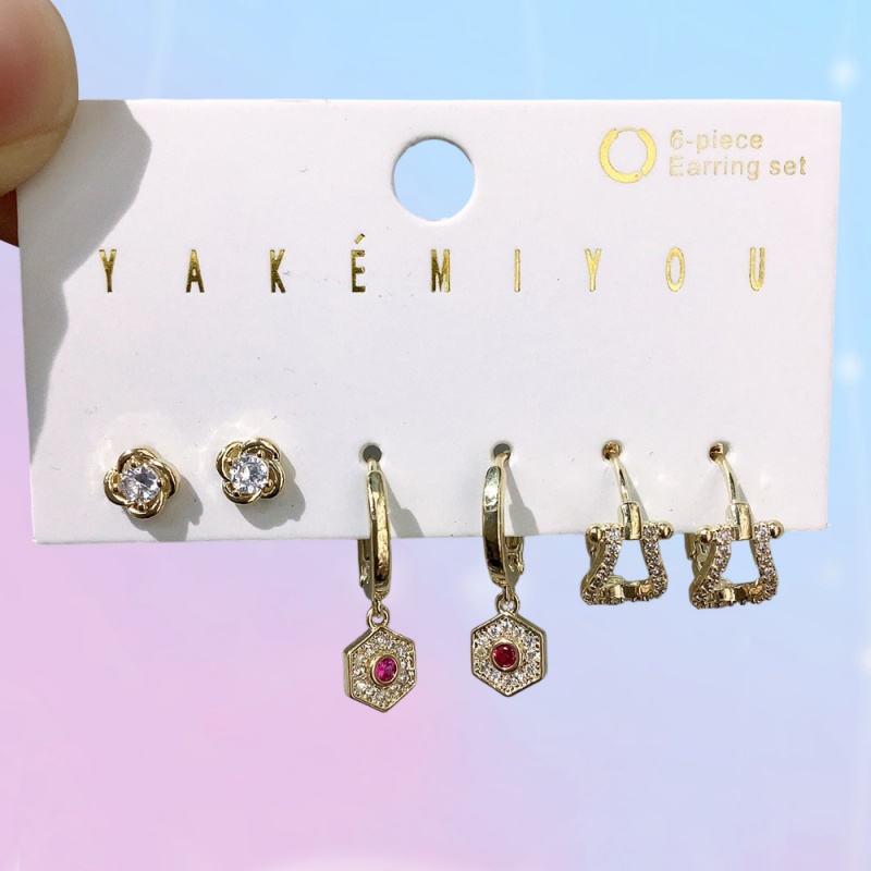 Gold Copper And Zircon Geometric Earrings Set Of 6