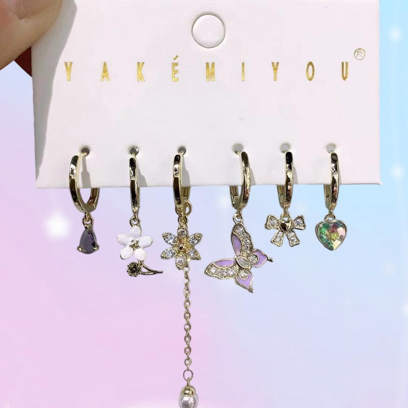 Juego De 6 Pendientes De Mariposa Con Forma De Flor Y Gota De Aceite De Circonita Con Incrustaciones De Cobre