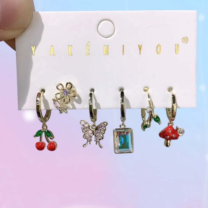 Juego De 6 Pendientes De Mariposa Y Cereza Con Incrustaciones De Cobre Y Circonitas En Forma De Gota De Aceite