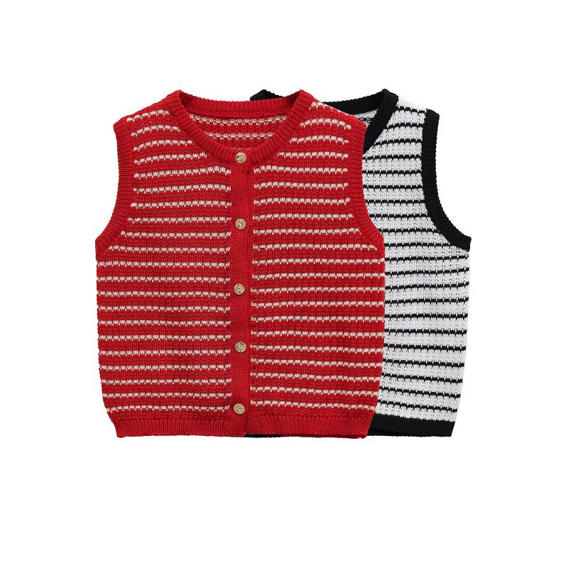 Red And White Stripes Sleeveless Striped Vest