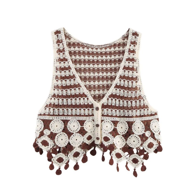 Dark Brown Knitted Embroidered Hollow Hook Vest