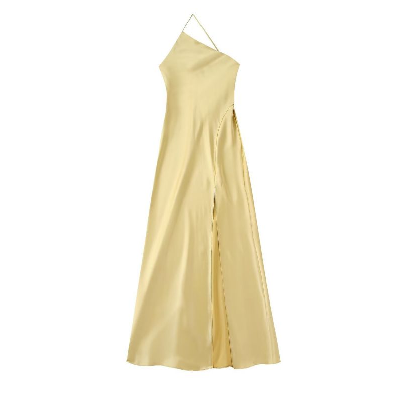 Yellow Polyester Asymmetric Silk Satin Maxi Skirt