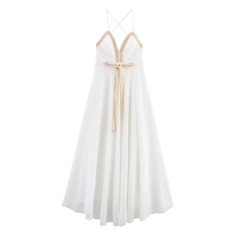 White Polyester Contrast Color Stitching Suspender Long Skirt