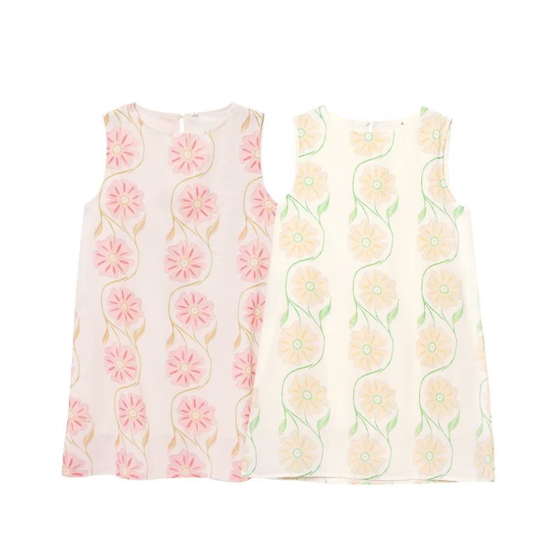 Yellow Cotton And Linen Printed Round Neck Sleeveless Short Skirt