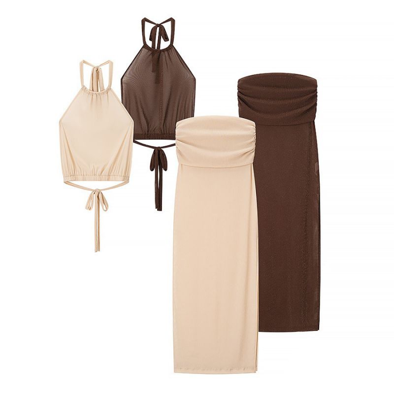 Off White Halter Neck Hollow Tie Top Skirt Set
