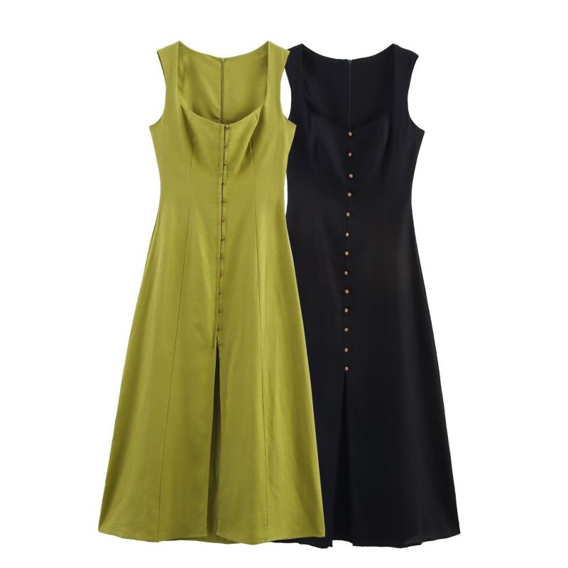 Black Polyester Sleeveless Square Neck Maxi Dress