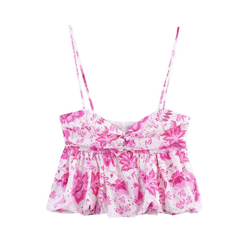 Rose Red Polyester Embroidered Printed Tank Top